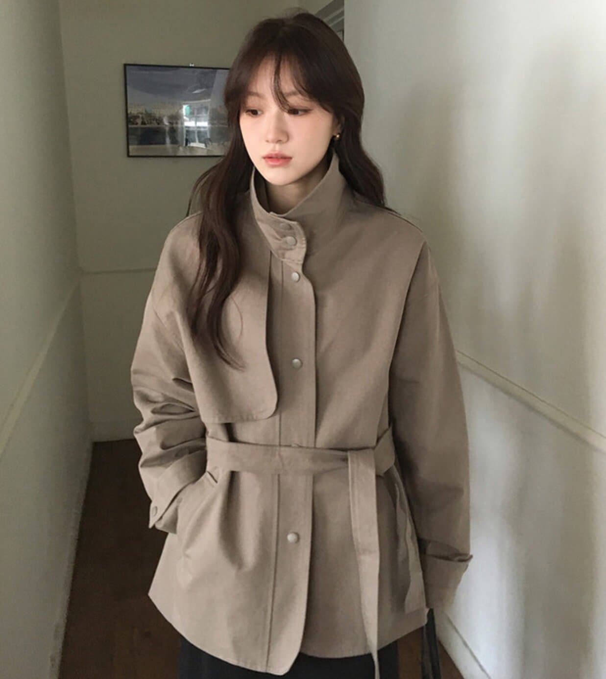 한국 chic 가을 새로운 ins 스탠드 칼라 품격 레이스업 루즈핏 재킷 재킷 상세 이미지 10