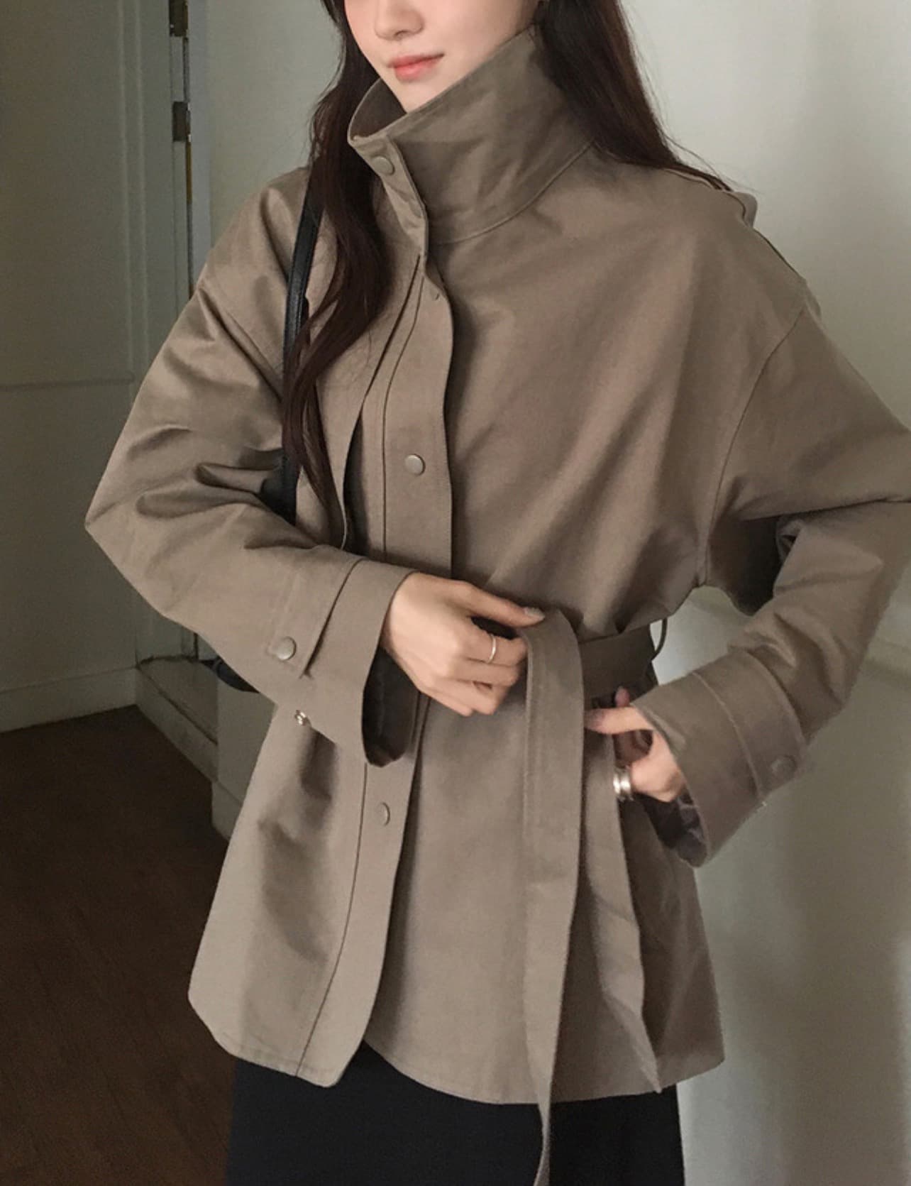 한국 chic 가을 새로운 ins 스탠드 칼라 품격 레이스업 루즈핏 재킷 재킷 상세 이미지 11