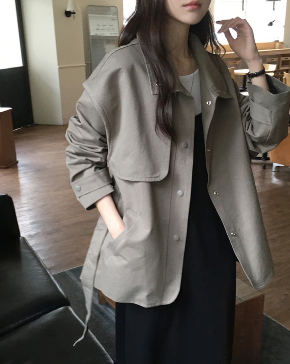 한국 chic 가을 새로운 ins 스탠드 칼라 품격 레이스업 루즈핏 재킷 재킷 상세 이미지 16