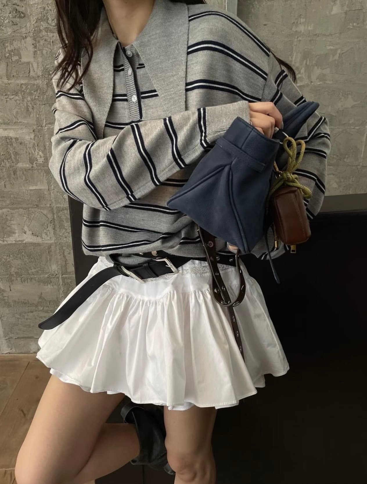 있음 선적 사이즈 업데이트 한국 chic 가을 새로운 레트로 스트라이프 부서 버클 포인터 칼라 루즈핏 긴팔 니트 스웨터