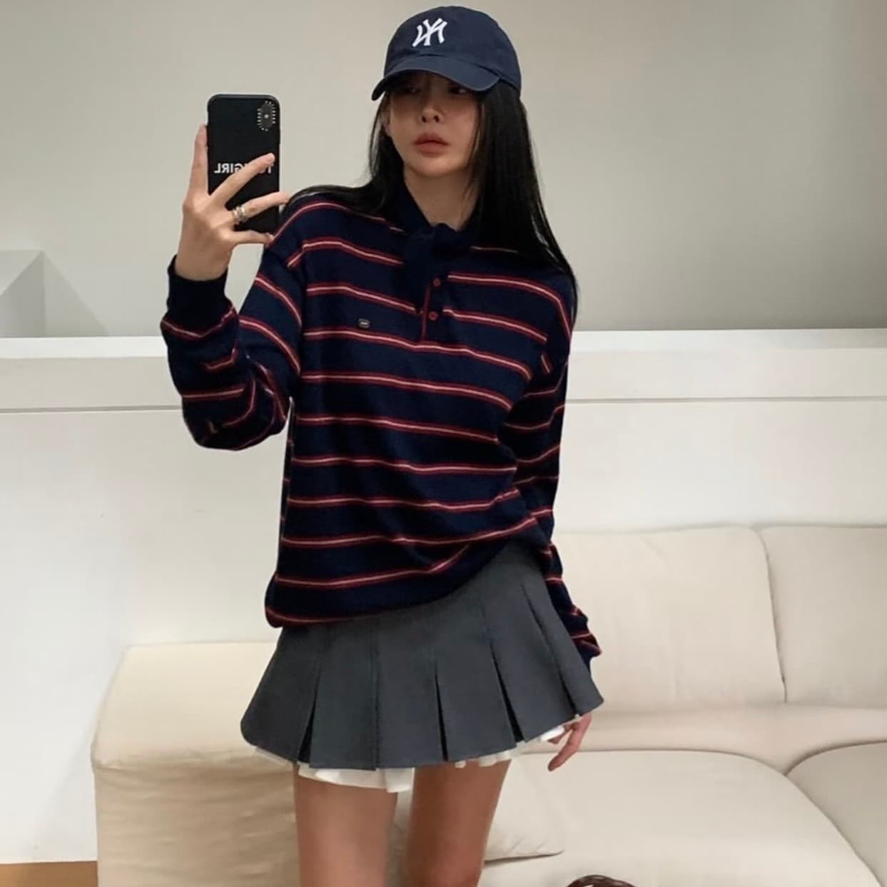 있음 선적 사이즈 업데이트 한국 chic 가을 새로운 레트로 스트라이프 부서 버클 포인터 칼라 루즈핏 긴팔 니트 스웨터 이미지 3