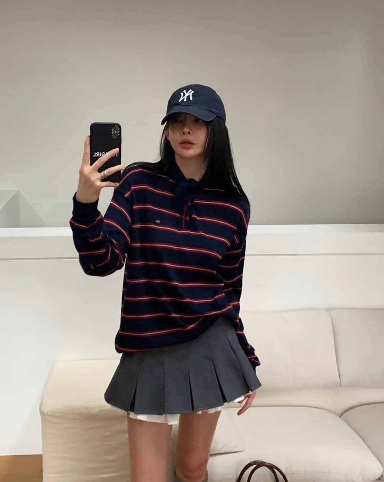 있음 선적 사이즈 업데이트 한국 chic 가을 새로운 레트로 스트라이프 부서 버클 포인터 칼라 루즈핏 긴팔 니트 스웨터 상세 이미지 3