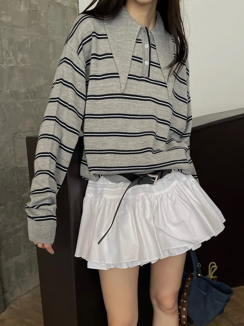 있음 선적 사이즈 업데이트 한국 chic 가을 새로운 레트로 스트라이프 부서 버클 포인터 칼라 루즈핏 긴팔 니트 스웨터 상세 이미지 8