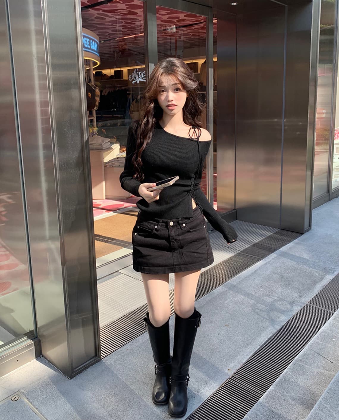 한국 chic 가을 새로운 ins 디자인 센스 오프숄더 레이스업 허리 주름 트임 슬림해 보이는 긴팔 니트 스웨터 상세 이미지 25