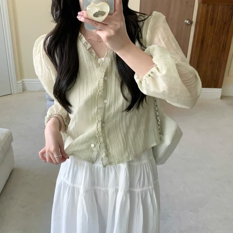 있음 선적 사이즈 업데이트 한국 chic 가을 신제품 달콤함 목이버섯 레이스 긴팔 셔츠