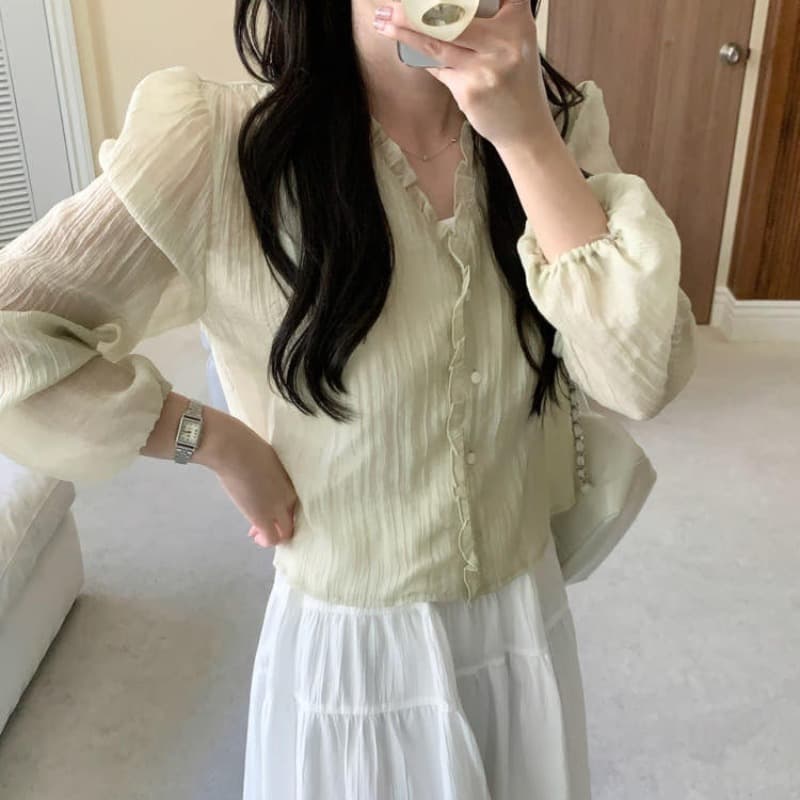 있음 선적 사이즈 업데이트 한국 chic 가을 신제품 달콤함 목이버섯 레이스 긴팔 셔츠 이미지 4