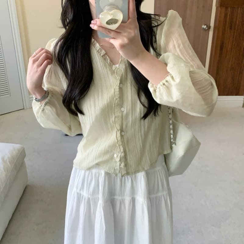 있음 선적 사이즈 업데이트 한국 chic 가을 신제품 달콤함 목이버섯 레이스 긴팔 셔츠 이미지 5