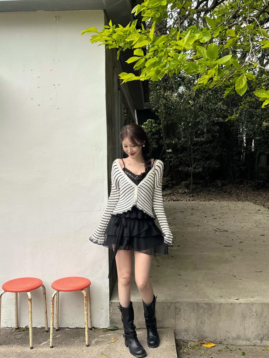 있음 선적 사이즈 업데이트 한국 chic 가을 스트라이프 프릴 배색 V넥 니트 스웨터 맨위 오픈 가디건 상세 이미지 18