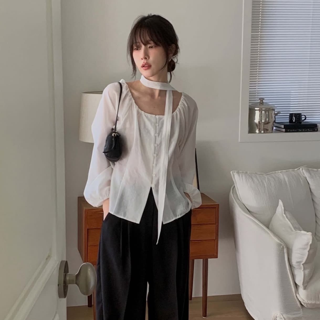 한국 chic 가을 새로운 ins 부드러운 바람 행침 목 리본 품격 단추 긴팔 셔츠 이미지 5