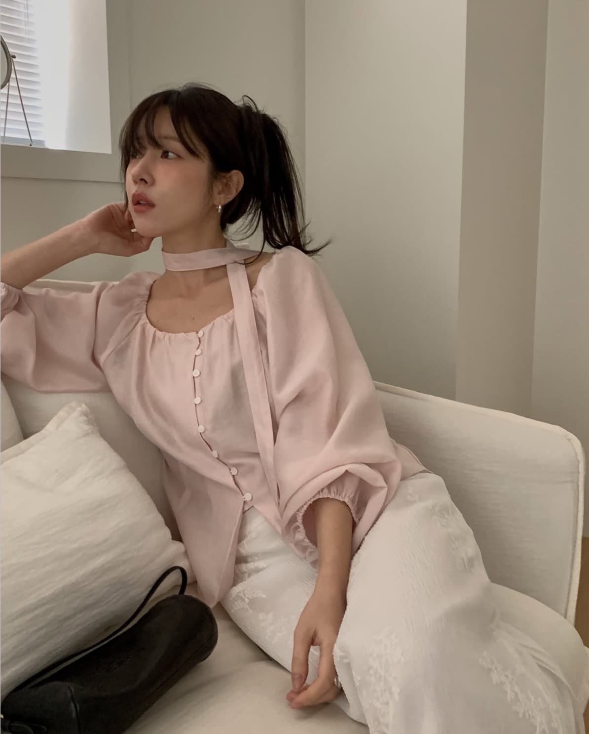 한국 chic 가을 새로운 ins 부드러운 바람 행침 목 리본 품격 단추 긴팔 셔츠 상세 이미지 3