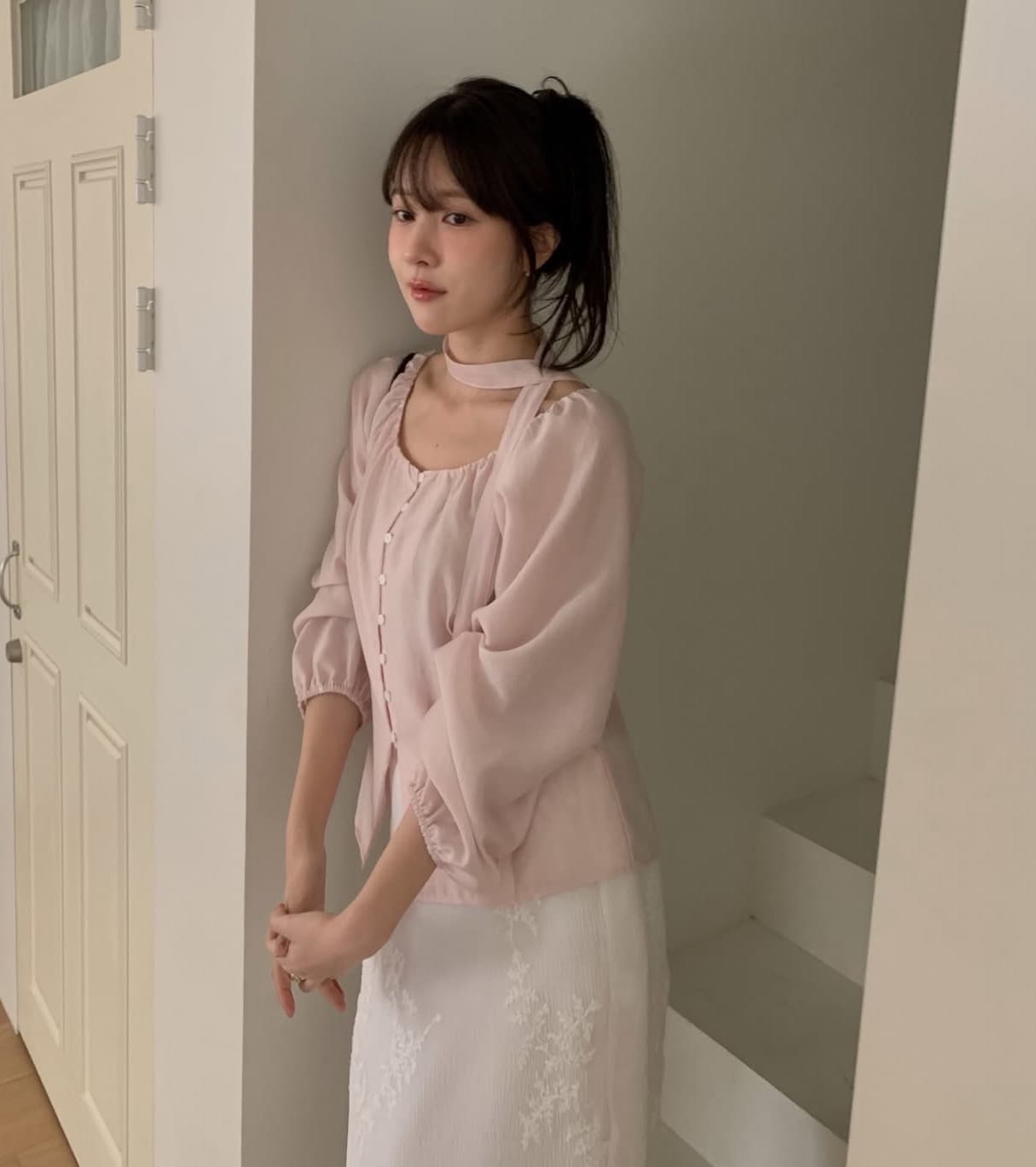 한국 chic 가을 새로운 ins 부드러운 바람 행침 목 리본 품격 단추 긴팔 셔츠 상세 이미지 10