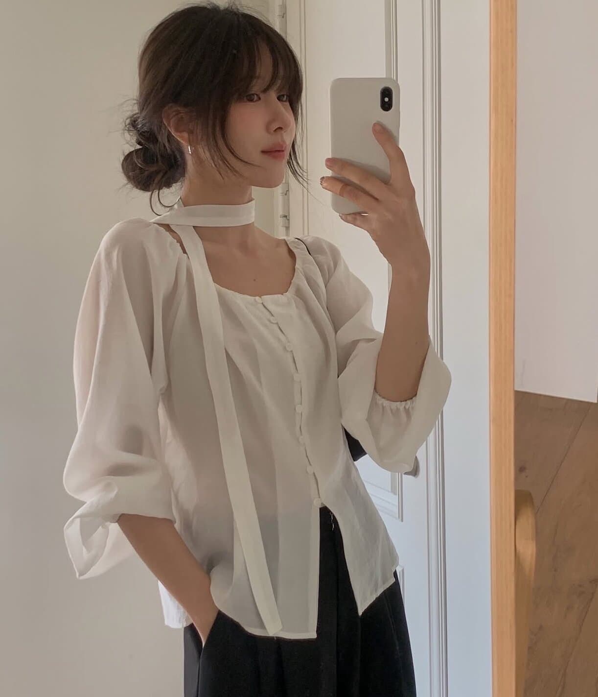 한국 chic 가을 새로운 ins 부드러운 바람 행침 목 리본 품격 단추 긴팔 셔츠 상세 이미지 13