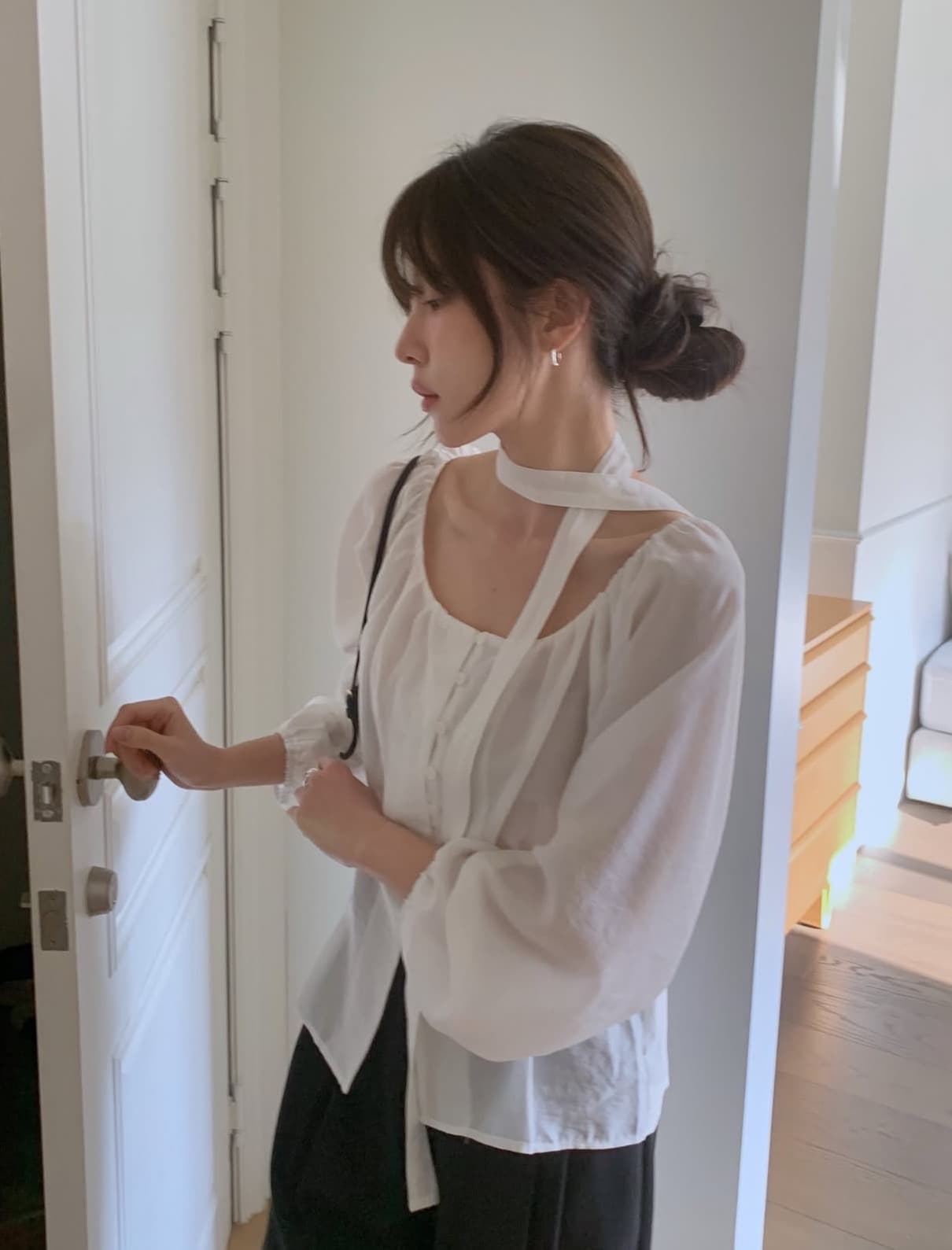 한국 chic 가을 새로운 ins 부드러운 바람 행침 목 리본 품격 단추 긴팔 셔츠 상세 이미지 18