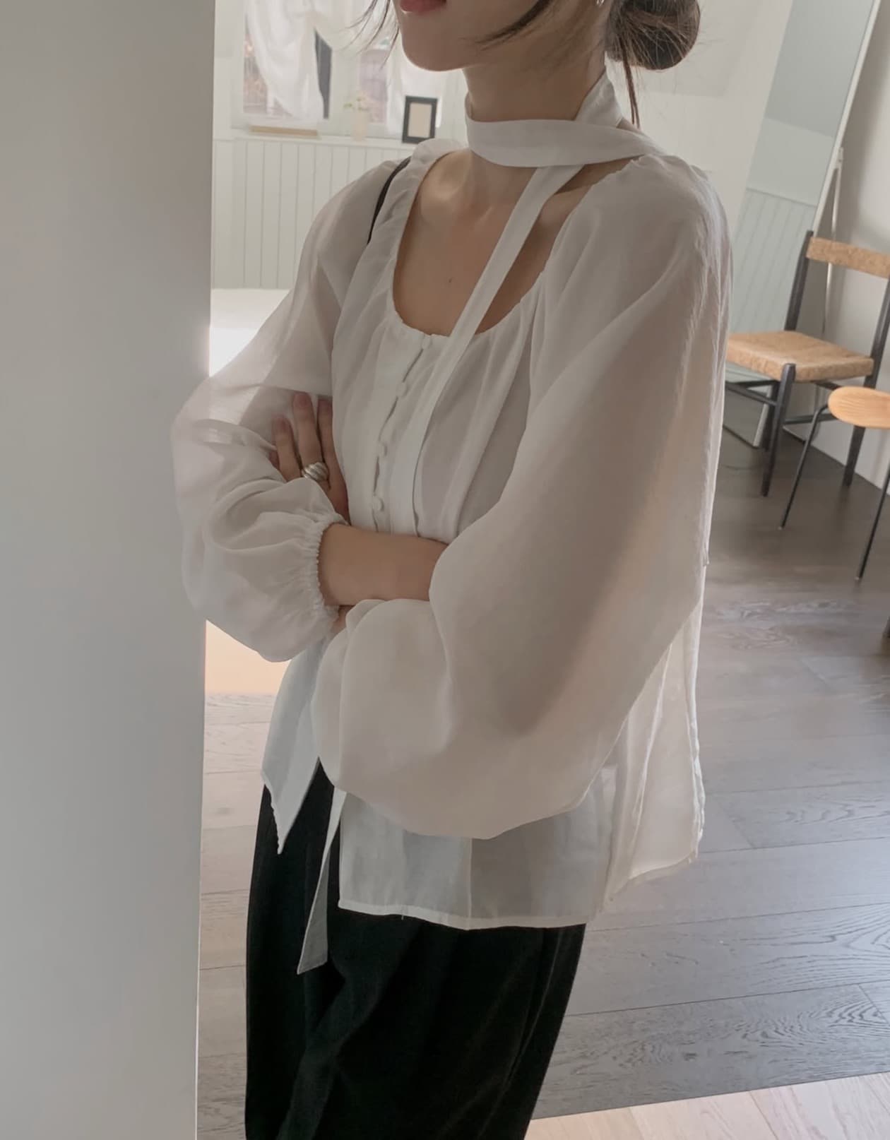 한국 chic 가을 새로운 ins 부드러운 바람 행침 목 리본 품격 단추 긴팔 셔츠 상세 이미지 19
