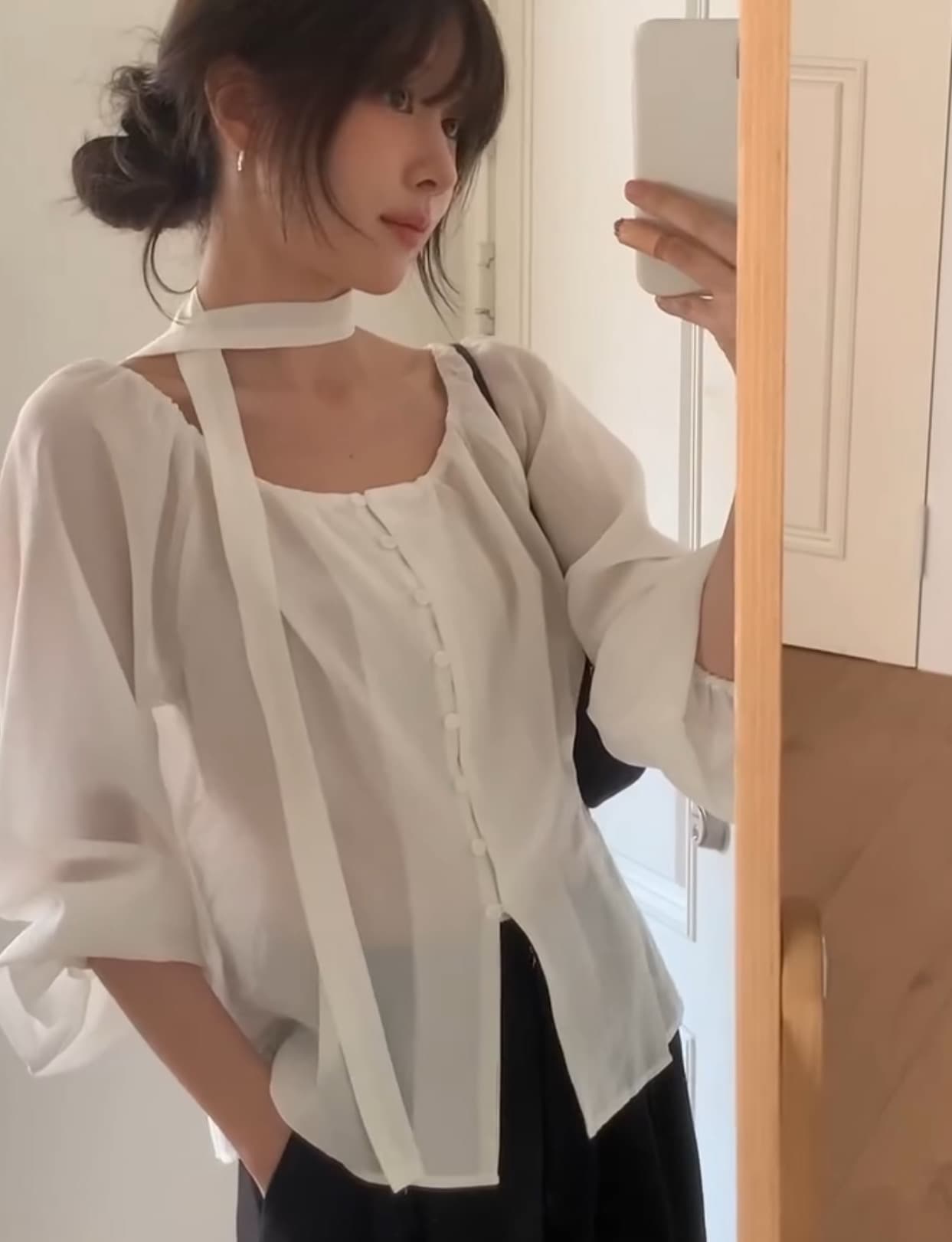 한국 chic 가을 새로운 ins 부드러운 바람 행침 목 리본 품격 단추 긴팔 셔츠 상세 이미지 26