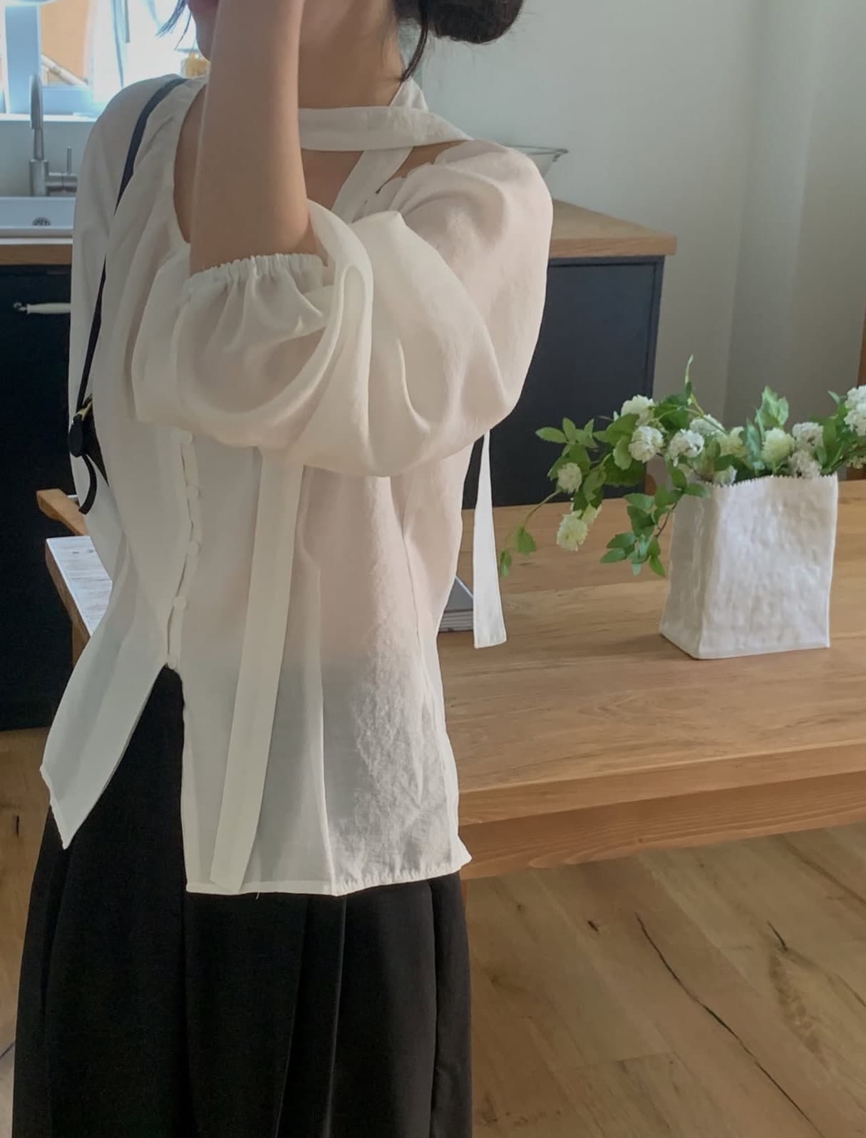 한국 chic 가을 새로운 ins 부드러운 바람 행침 목 리본 품격 단추 긴팔 셔츠 상세 이미지 30
