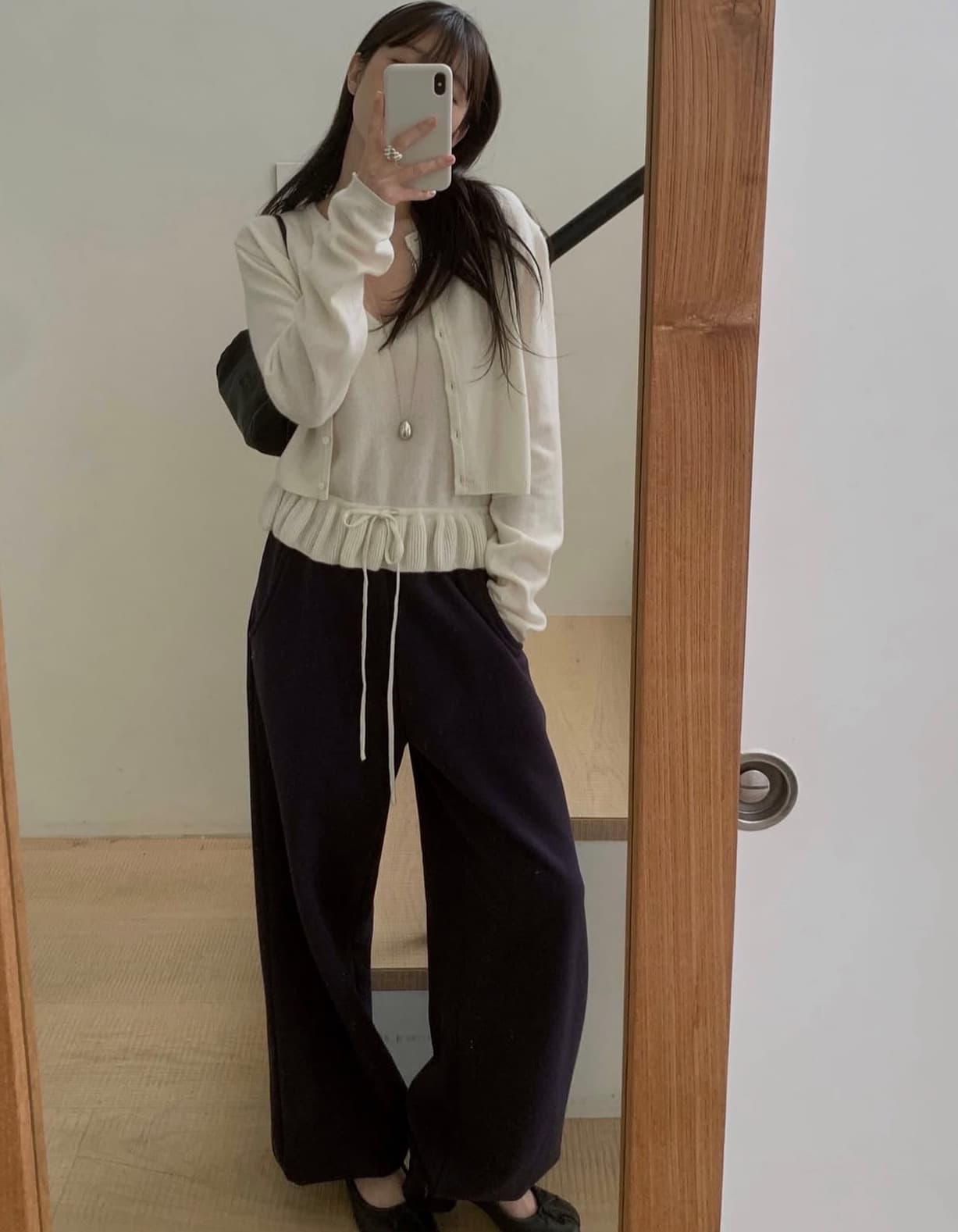 한국 chic 가을 새로운 ins 펌프 로프 연꽃 잎 레이스 슬립 니트 오픈 가디건 투피스 세트 상세 이미지 30
