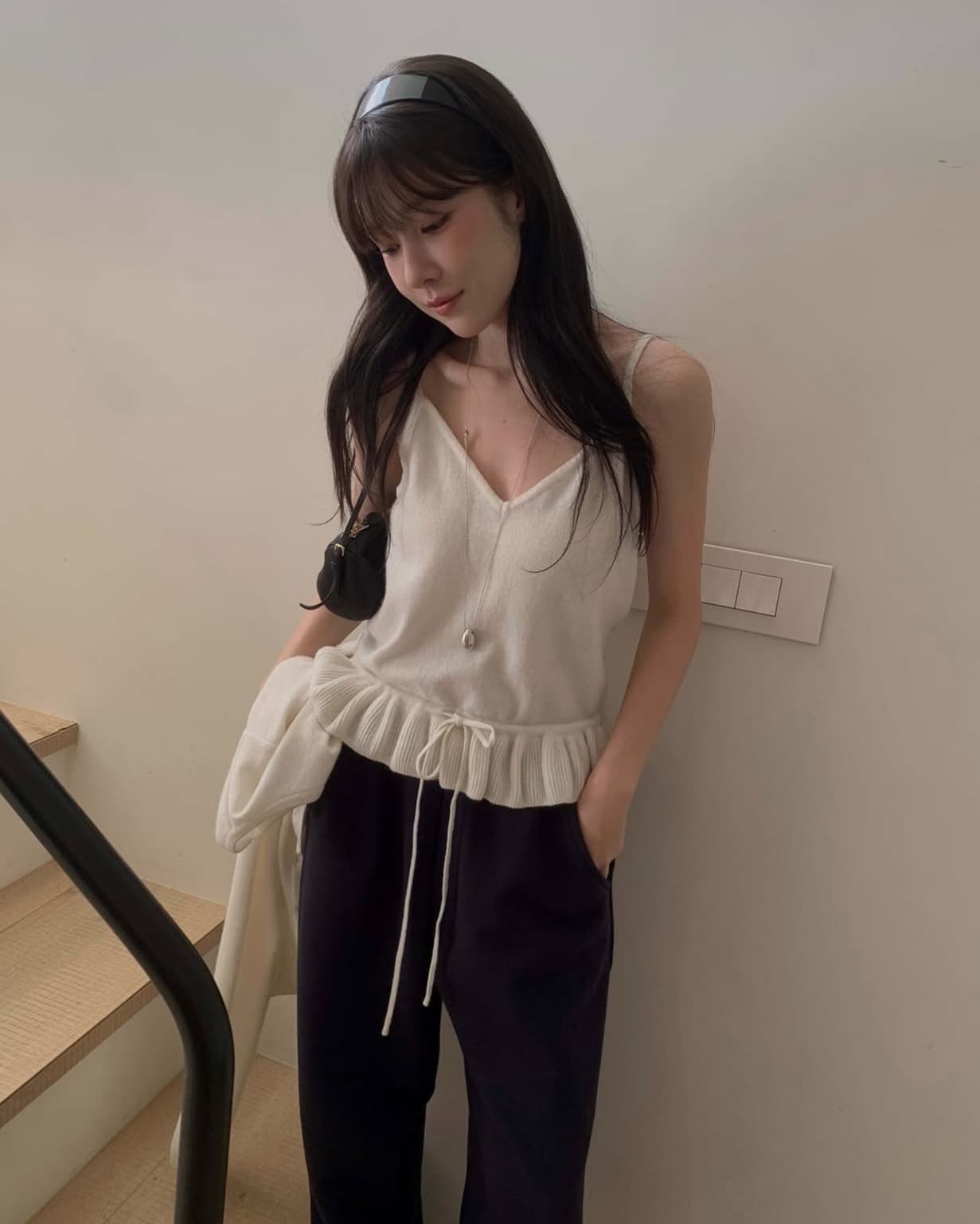 한국 chic 가을 새로운 ins 펌프 로프 연꽃 잎 레이스 슬립 니트 오픈 가디건 투피스 세트 상세 이미지 31