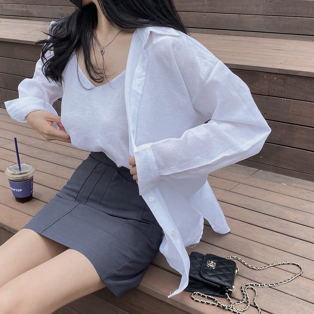 있음 선적 사이즈 업데이트 한국 chic 가을 새로운 미니멀리즘 단색 폴로 칼라 셔츠 캐미솔 투피스 세트