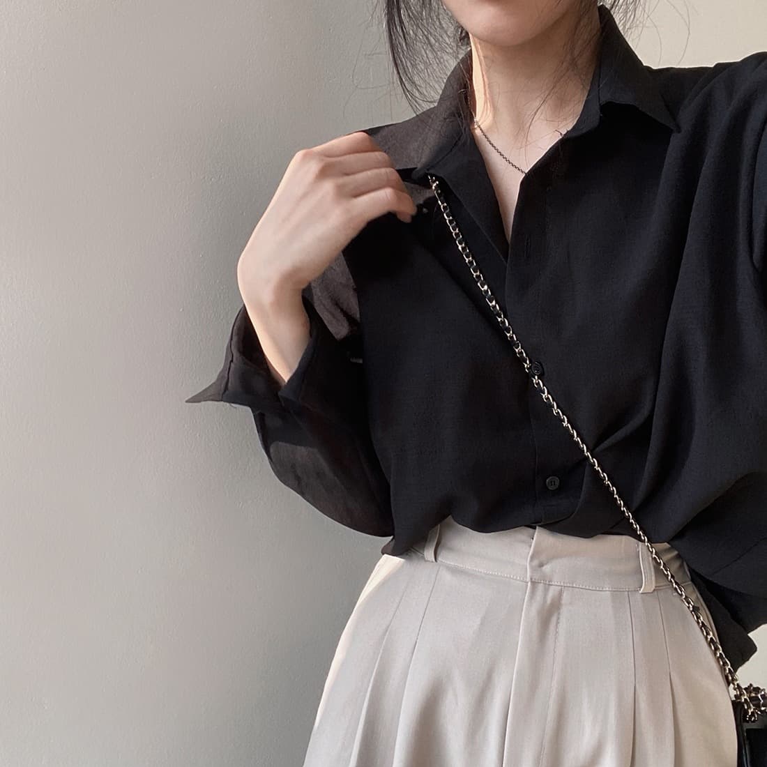 있음 선적 사이즈 업데이트 한국 chic 가을 새로운 미니멀리즘 단색 폴로 칼라 셔츠 캐미솔 투피스 세트 이미지 5