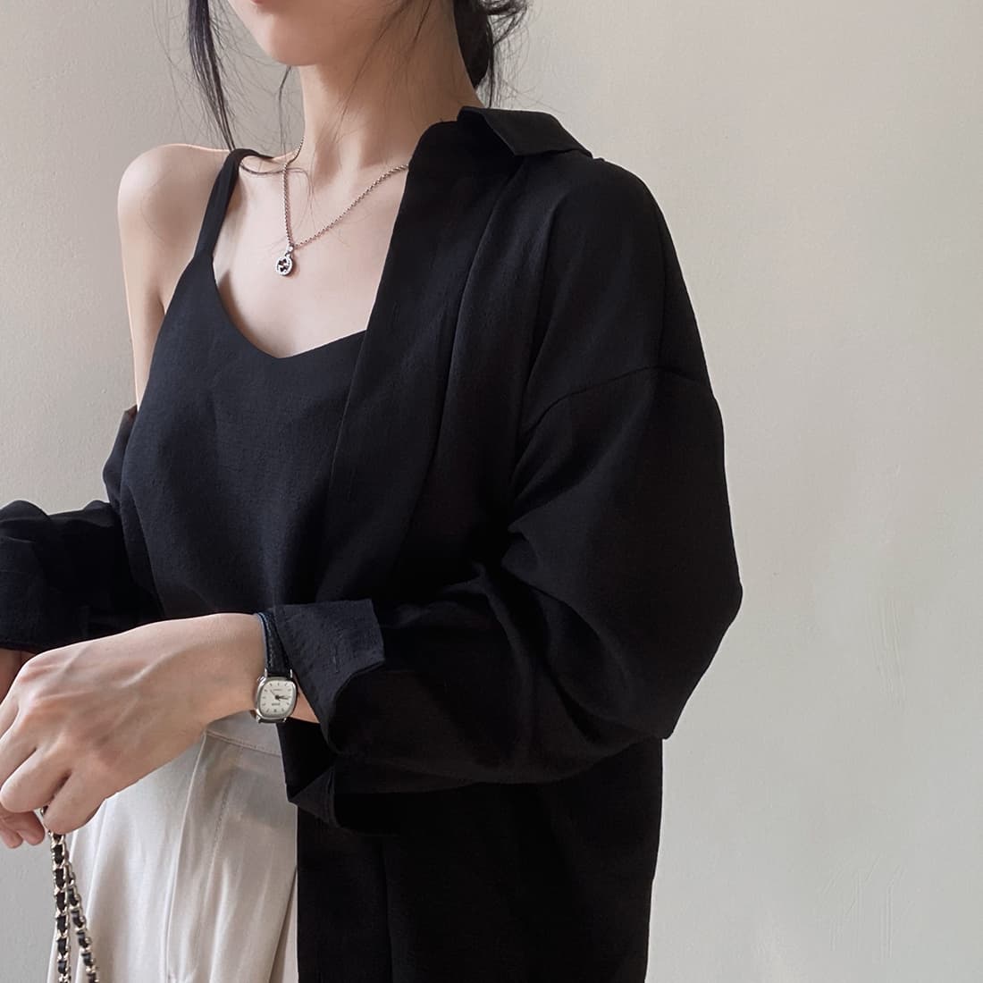 있음 선적 사이즈 업데이트 한국 chic 가을 새로운 미니멀리즘 단색 폴로 칼라 셔츠 캐미솔 투피스 세트 상세 이미지 1