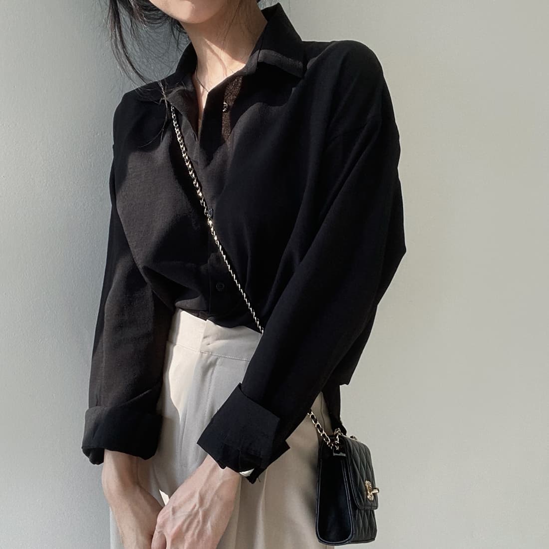 있음 선적 사이즈 업데이트 한국 chic 가을 새로운 미니멀리즘 단색 폴로 칼라 셔츠 캐미솔 투피스 세트 상세 이미지 6
