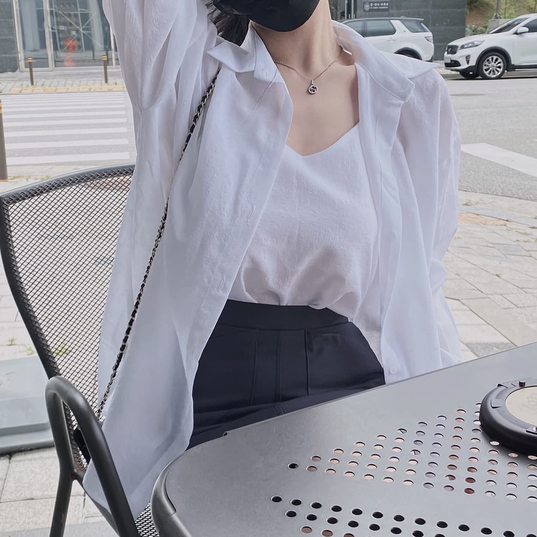 있음 선적 사이즈 업데이트 한국 chic 가을 새로운 미니멀리즘 단색 폴로 칼라 셔츠 캐미솔 투피스 세트 상세 이미지 8