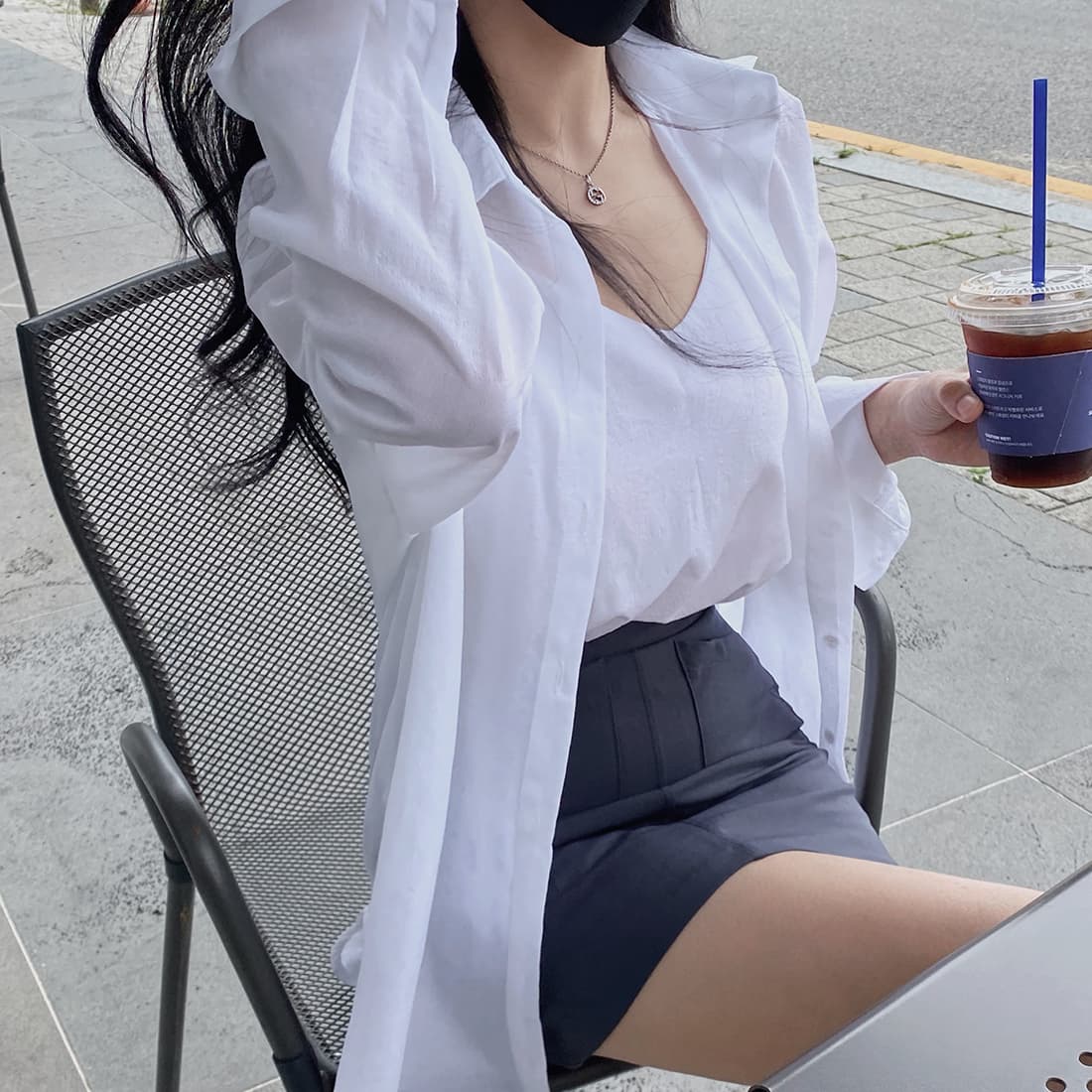 있음 선적 사이즈 업데이트 한국 chic 가을 새로운 미니멀리즘 단색 폴로 칼라 셔츠 캐미솔 투피스 세트 상세 이미지 9