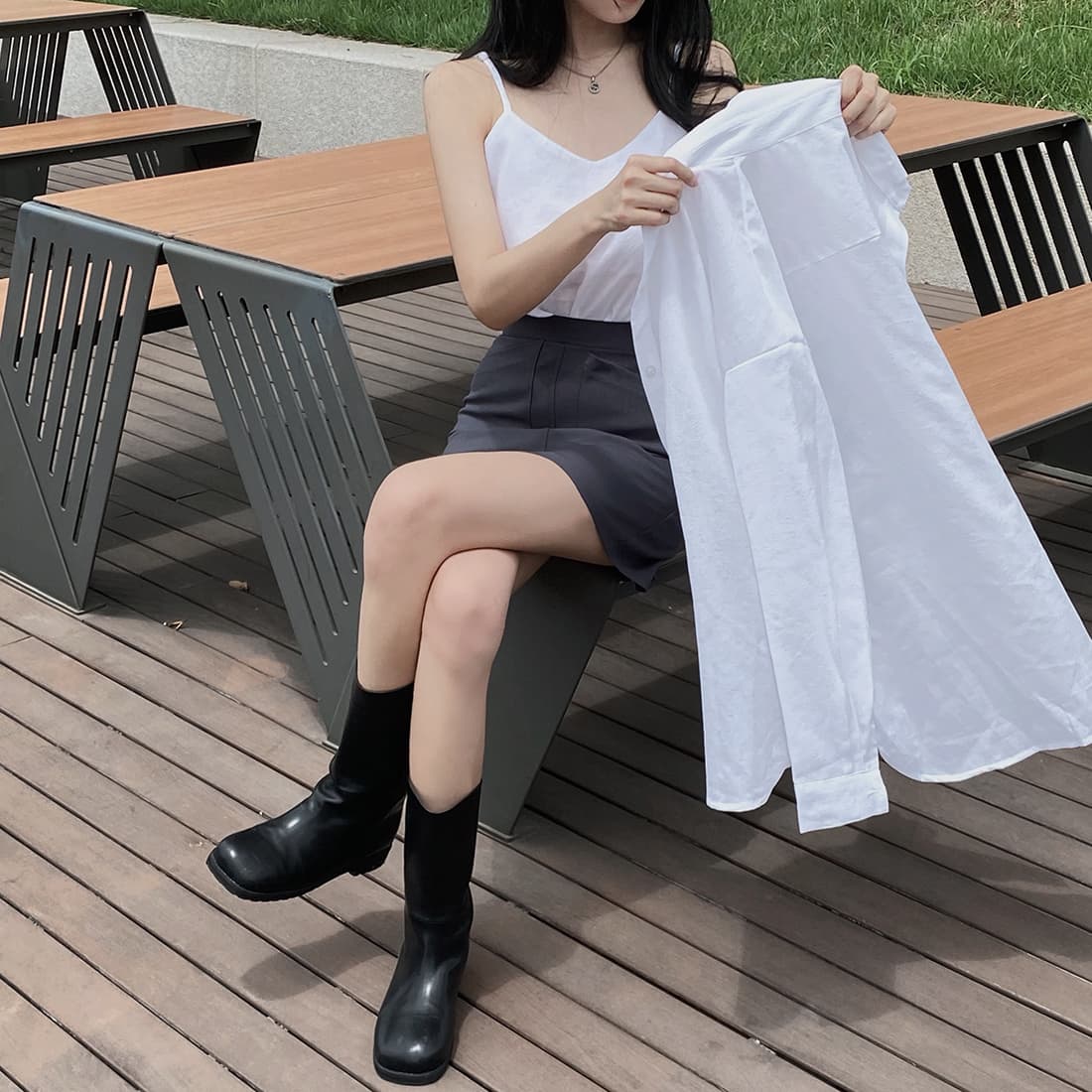 있음 선적 사이즈 업데이트 한국 chic 가을 새로운 미니멀리즘 단색 폴로 칼라 셔츠 캐미솔 투피스 세트 상세 이미지 11