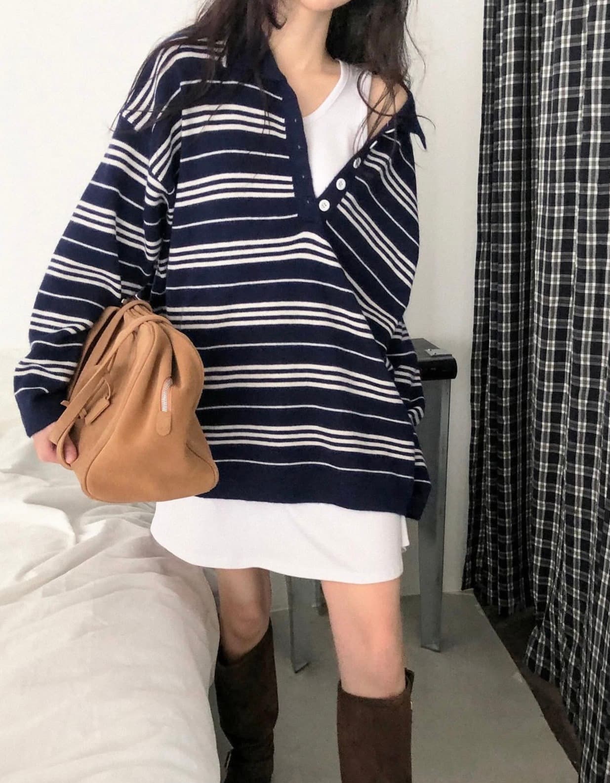 있음 선적 사이즈 업데이트 한국 chic 새로운 한 부서 POLO 칼라 스트라이프 스웨터 느긋한 루즈핏 니트 스웨터 이미지 4