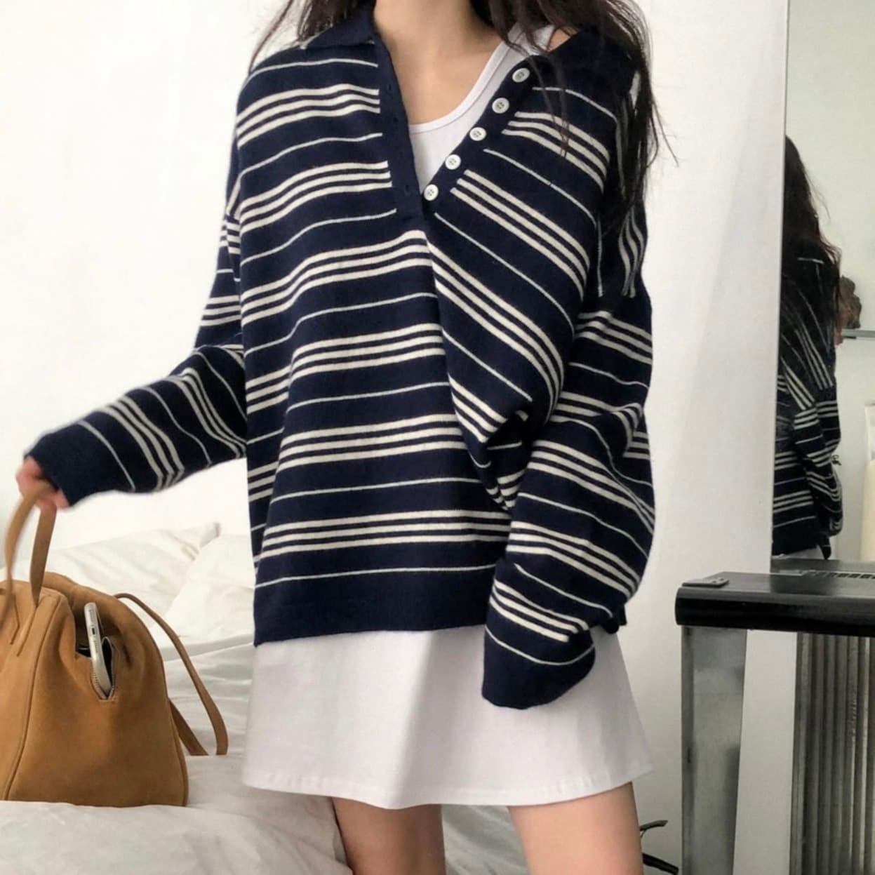 있음 선적 사이즈 업데이트 한국 chic 새로운 한 부서 POLO 칼라 스트라이프 스웨터 느긋한 루즈핏 니트 스웨터 이미지 5