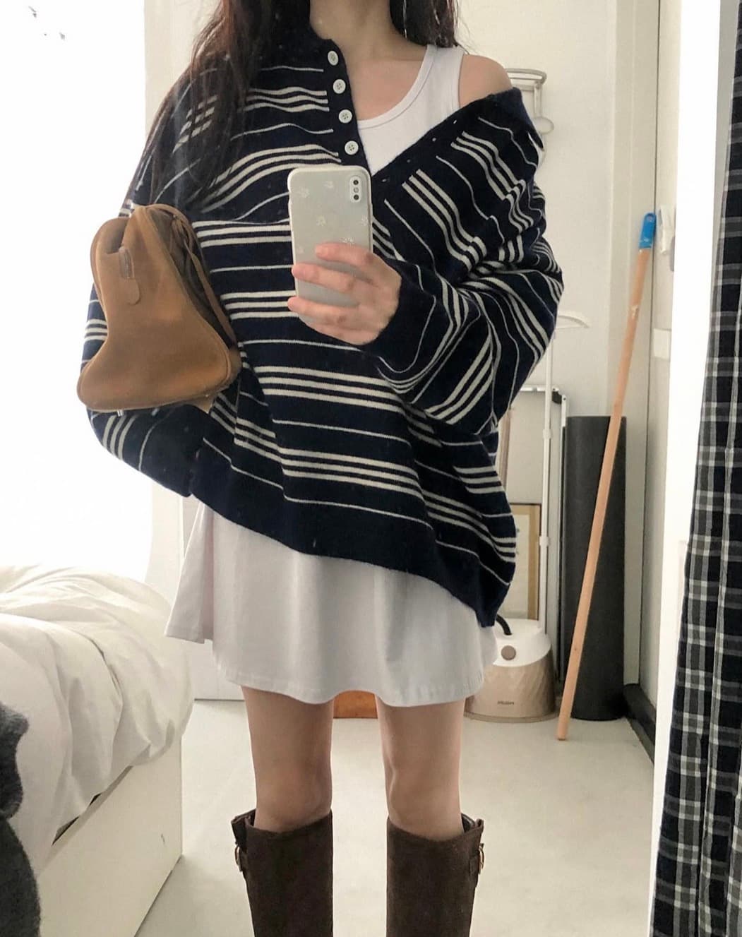 있음 선적 사이즈 업데이트 한국 chic 새로운 한 부서 POLO 칼라 스트라이프 스웨터 느긋한 루즈핏 니트 스웨터 상세 이미지 4