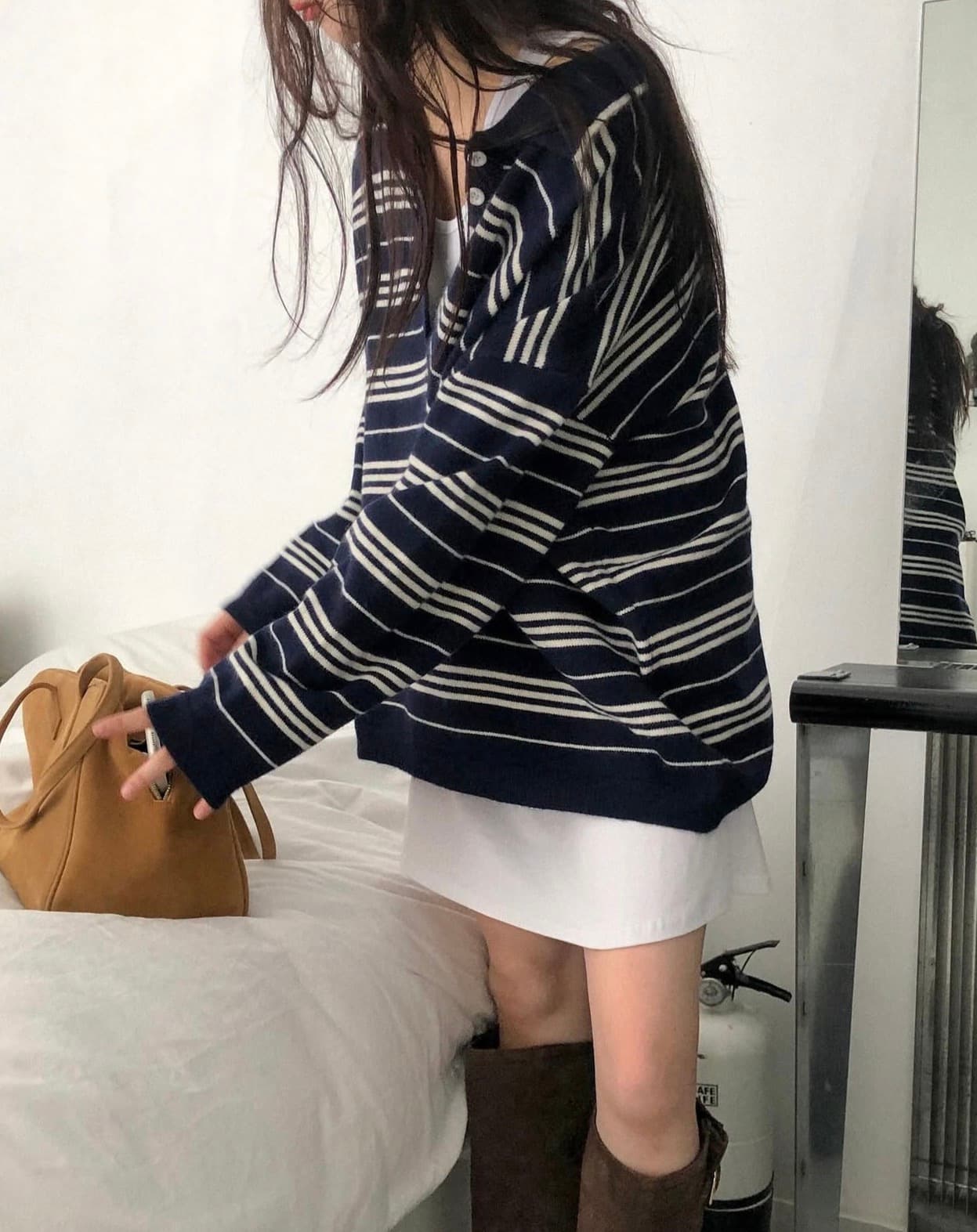 있음 선적 사이즈 업데이트 한국 chic 새로운 한 부서 POLO 칼라 스트라이프 스웨터 느긋한 루즈핏 니트 스웨터 상세 이미지 5