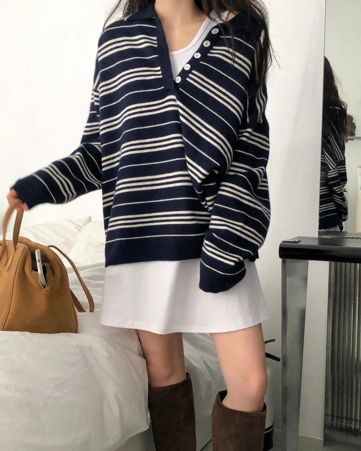있음 선적 사이즈 업데이트 한국 chic 새로운 한 부서 POLO 칼라 스트라이프 스웨터 느긋한 루즈핏 니트 스웨터 상세 이미지 7