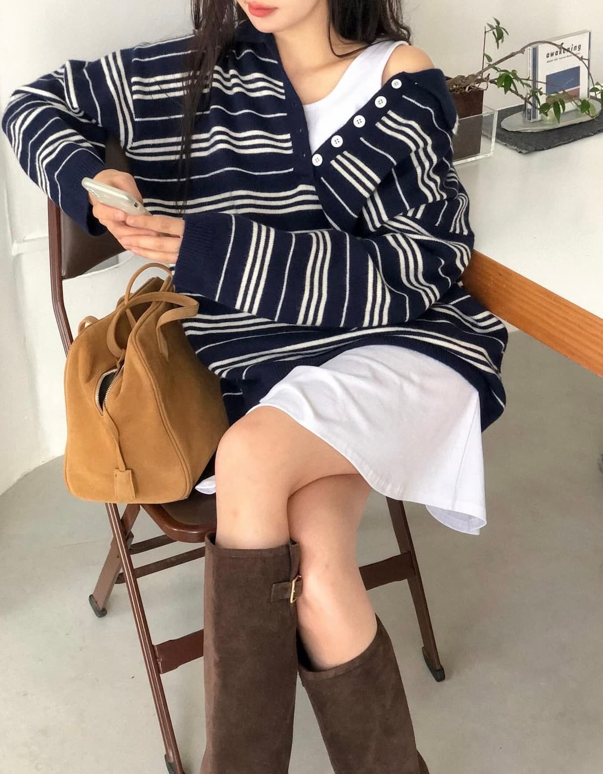 있음 선적 사이즈 업데이트 한국 chic 새로운 한 부서 POLO 칼라 스트라이프 스웨터 느긋한 루즈핏 니트 스웨터 상세 이미지 12