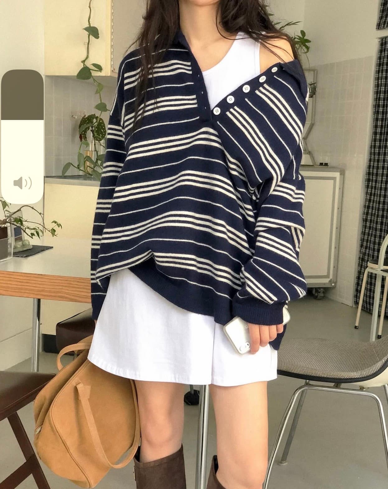 있음 선적 사이즈 업데이트 한국 chic 새로운 한 부서 POLO 칼라 스트라이프 스웨터 느긋한 루즈핏 니트 스웨터 상세 이미지 14