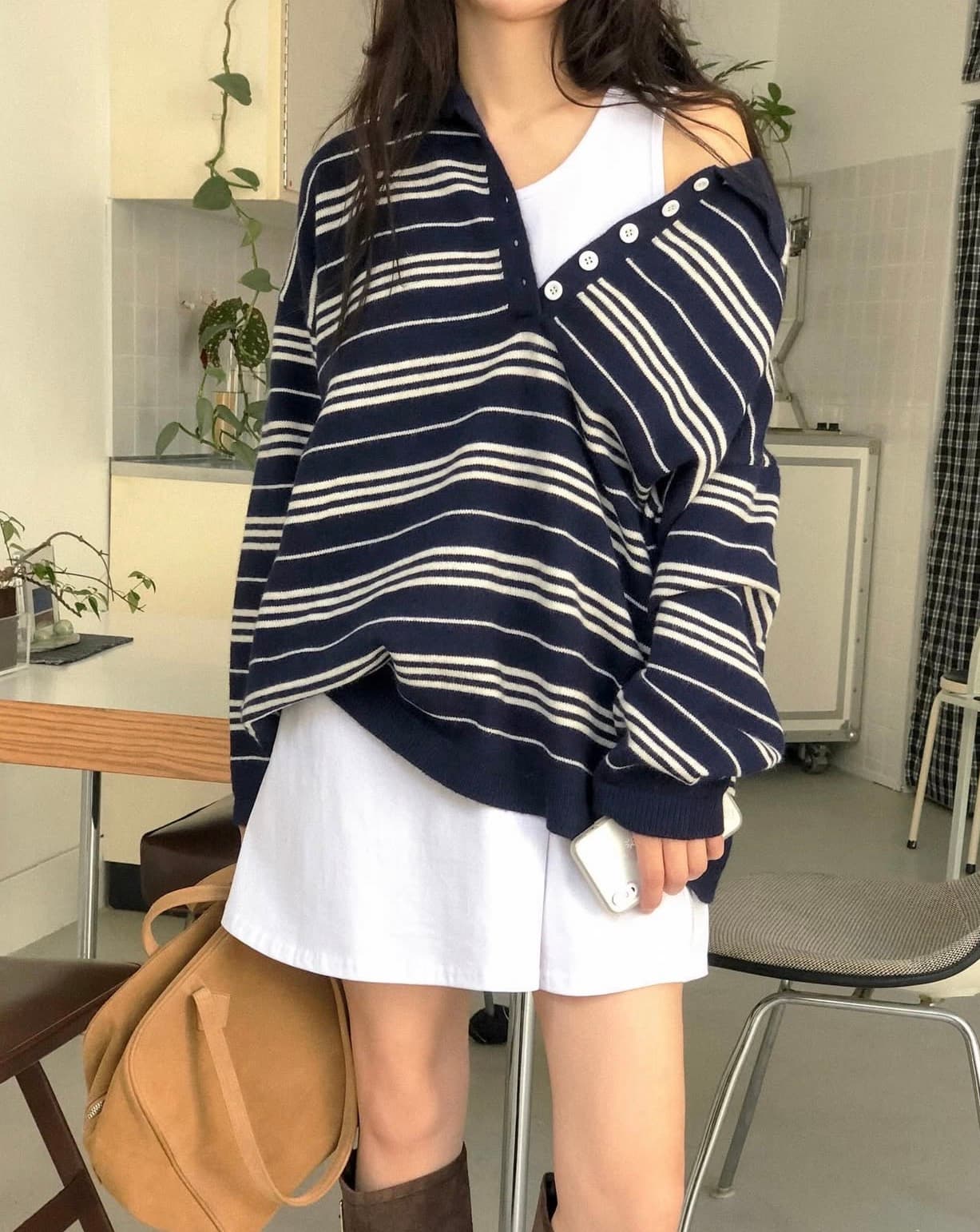 있음 선적 사이즈 업데이트 한국 chic 새로운 한 부서 POLO 칼라 스트라이프 스웨터 느긋한 루즈핏 니트 스웨터 상세 이미지 15