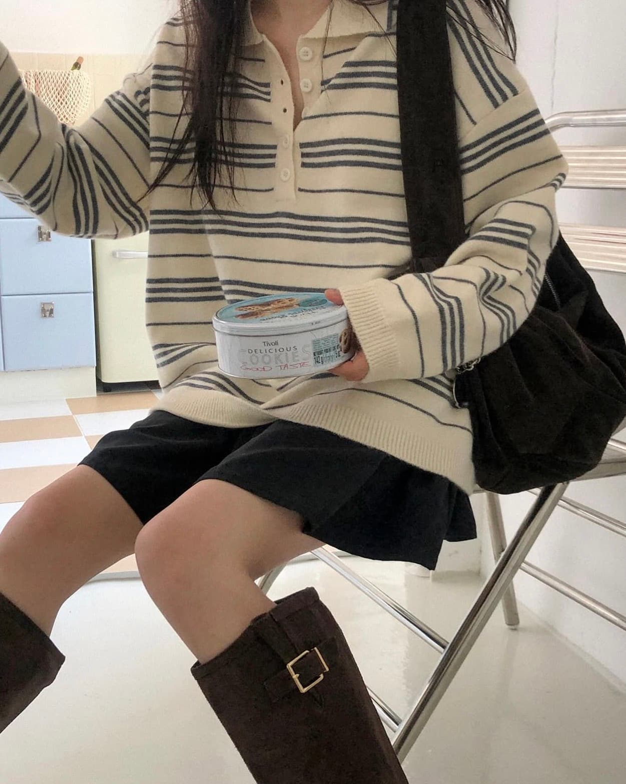 있음 선적 사이즈 업데이트 한국 chic 새로운 한 부서 POLO 칼라 스트라이프 스웨터 느긋한 루즈핏 니트 스웨터 상세 이미지 24