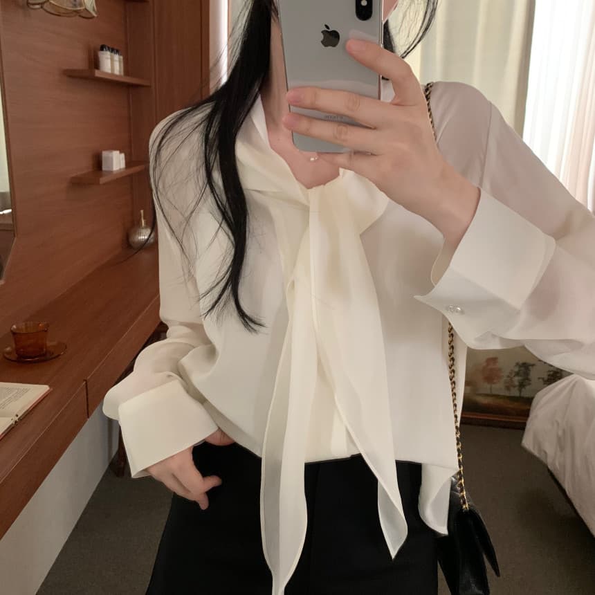 있음 선적 사이즈 업데이트 한국 chic 가을 새로운 ins 리본 디자인 센스 품격 다용도 긴팔 셔츠 상세 이미지 1