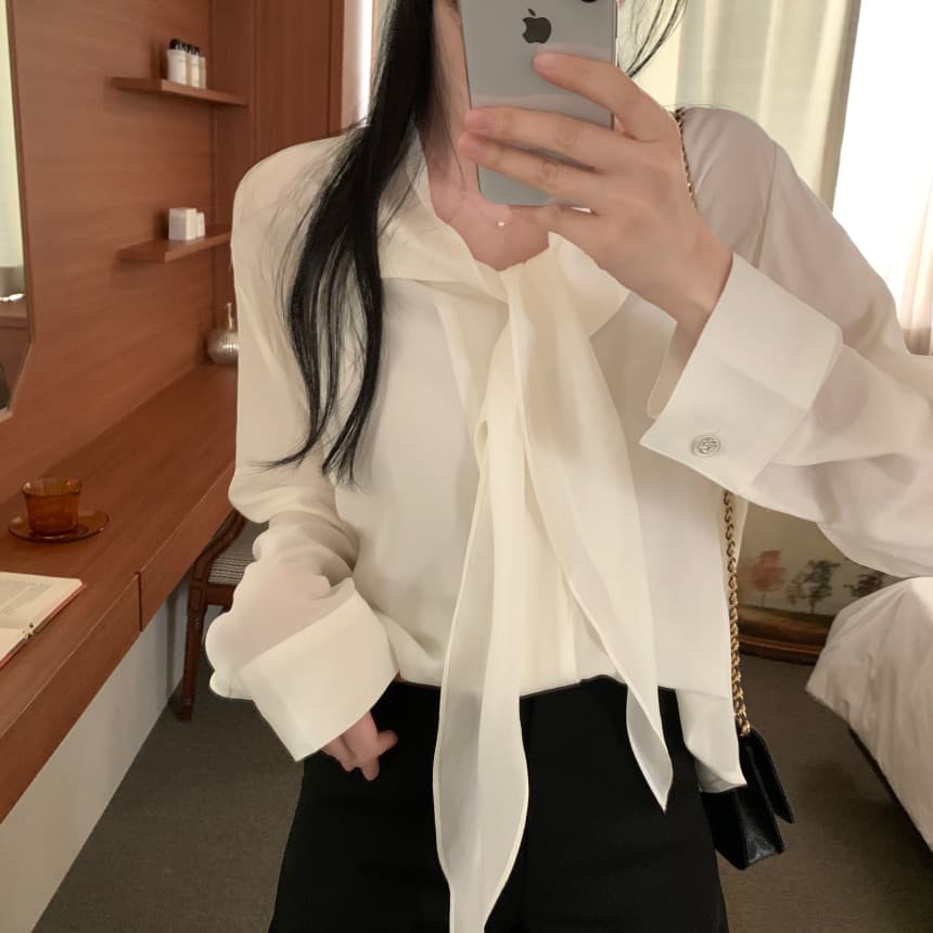 있음 선적 사이즈 업데이트 한국 chic 가을 새로운 ins 리본 디자인 센스 품격 다용도 긴팔 셔츠 상세 이미지 7