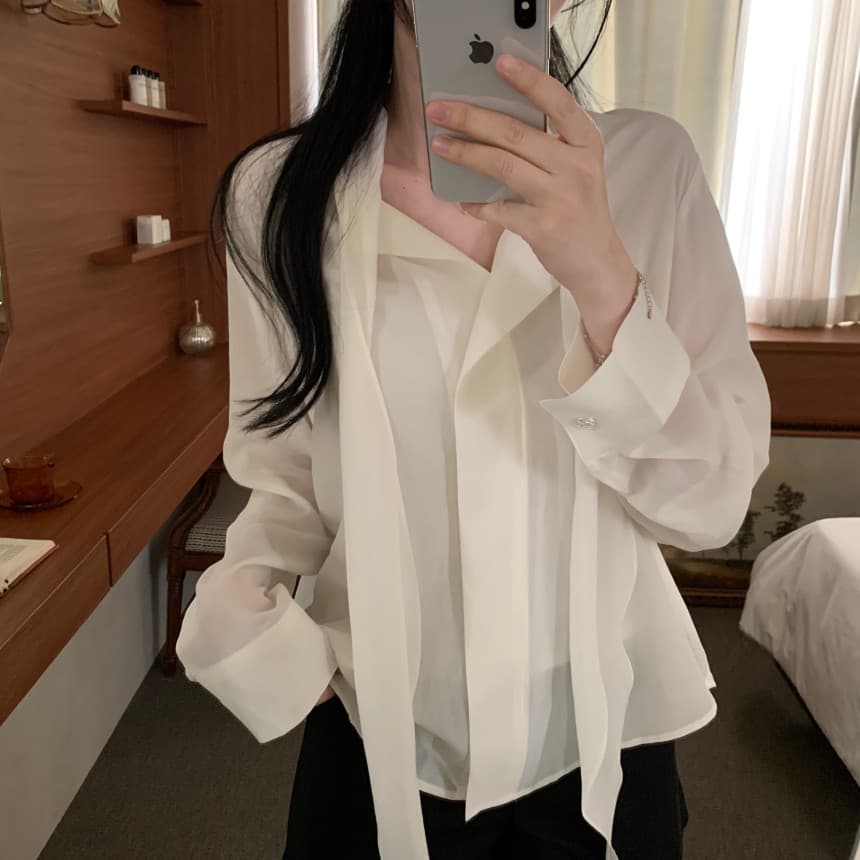 있음 선적 사이즈 업데이트 한국 chic 가을 새로운 ins 리본 디자인 센스 품격 다용도 긴팔 셔츠 상세 이미지 10
