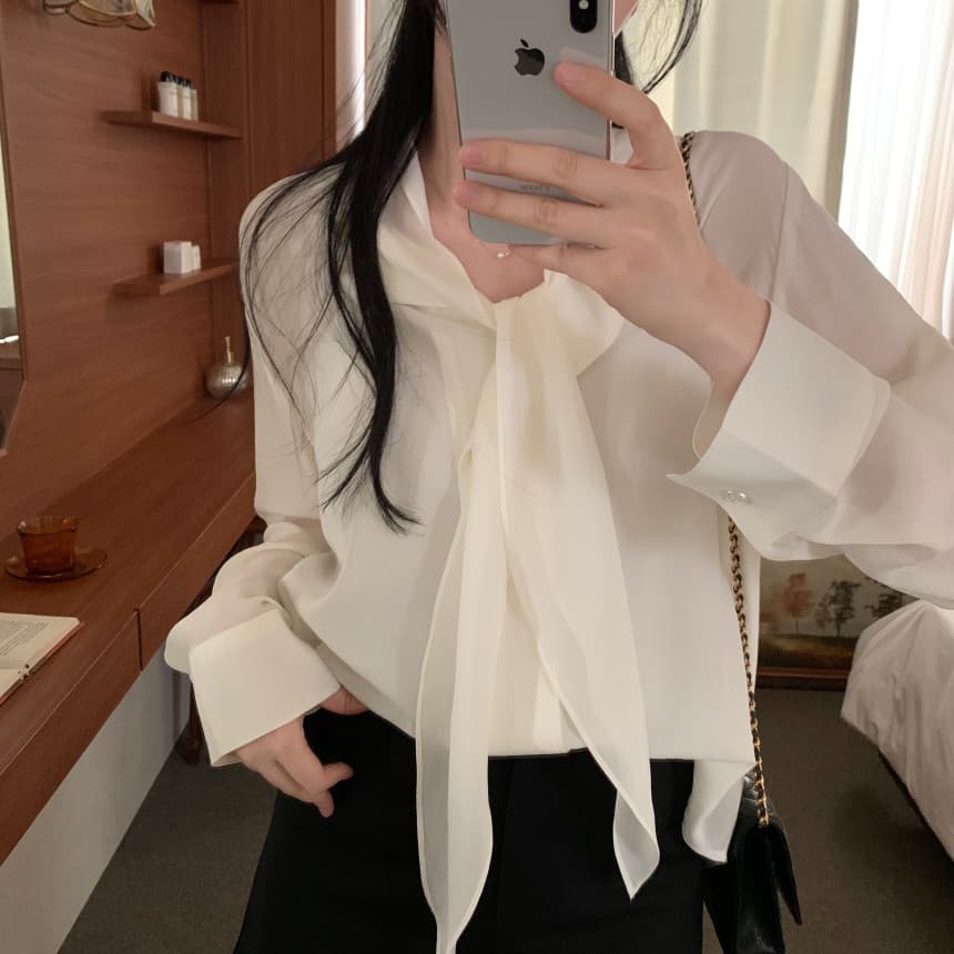 있음 선적 사이즈 업데이트 한국 chic 가을 새로운 ins 리본 디자인 센스 품격 다용도 긴팔 셔츠 상세 이미지 14