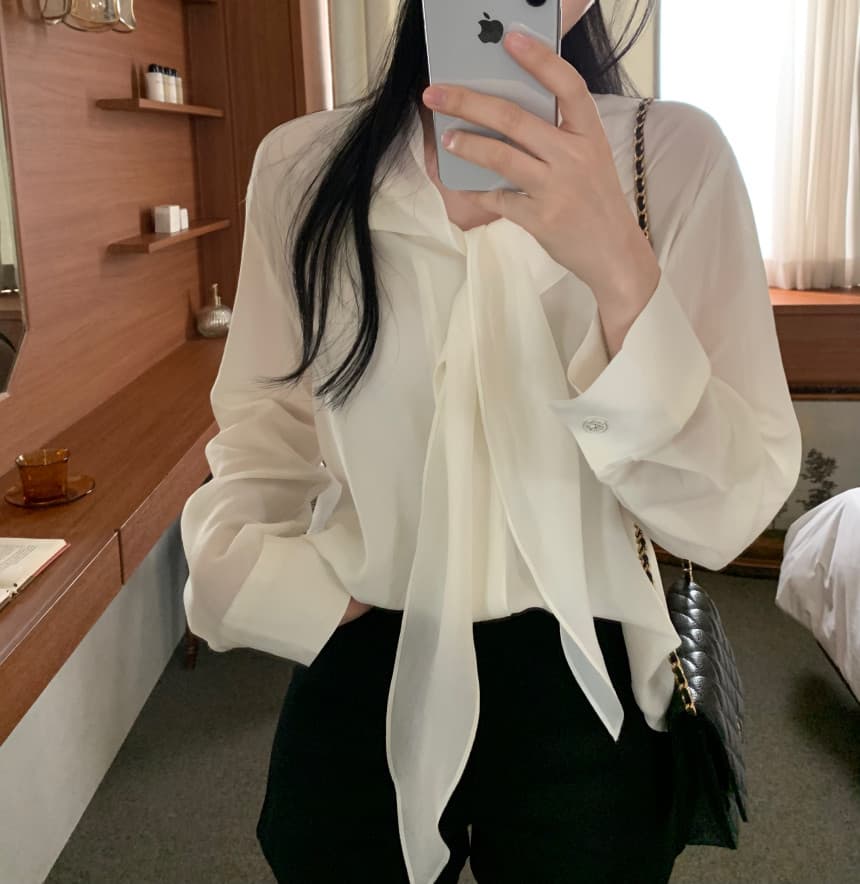 있음 선적 사이즈 업데이트 한국 chic 가을 새로운 ins 리본 디자인 센스 품격 다용도 긴팔 셔츠 상세 이미지 15
