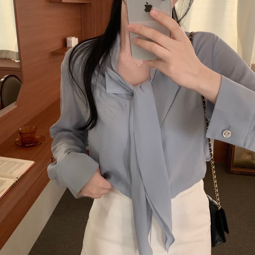있음 선적 사이즈 업데이트 한국 chic 가을 새로운 ins 리본 디자인 센스 품격 다용도 긴팔 셔츠 상세 이미지 17