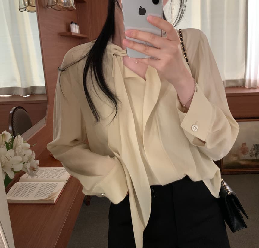 있음 선적 사이즈 업데이트 한국 chic 가을 새로운 ins 리본 디자인 센스 품격 다용도 긴팔 셔츠 상세 이미지 30
