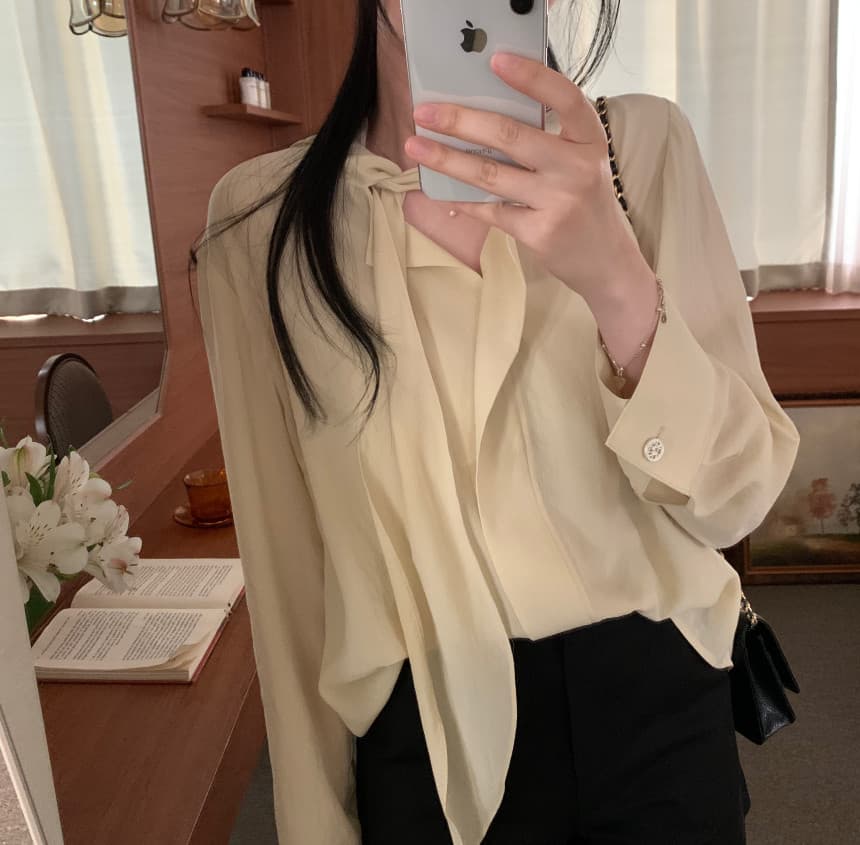 있음 선적 사이즈 업데이트 한국 chic 가을 새로운 ins 리본 디자인 센스 품격 다용도 긴팔 셔츠 상세 이미지 31