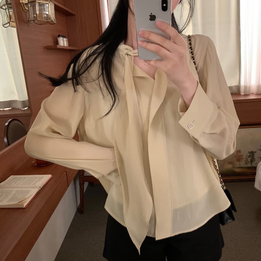 있음 선적 사이즈 업데이트 한국 chic 가을 새로운 ins 리본 디자인 센스 품격 다용도 긴팔 셔츠 상세 이미지 32