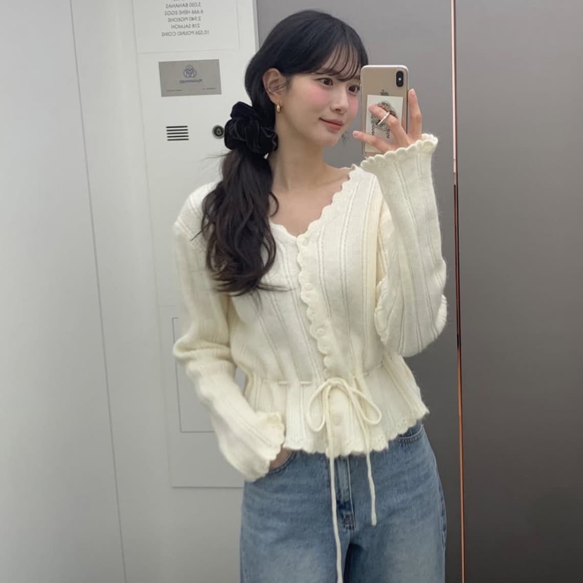 있음 선적 사이즈 업데이트 한국 chic 가을 새로운 ins 달콤함 V넥 허리 수축 레이스업 스웨터