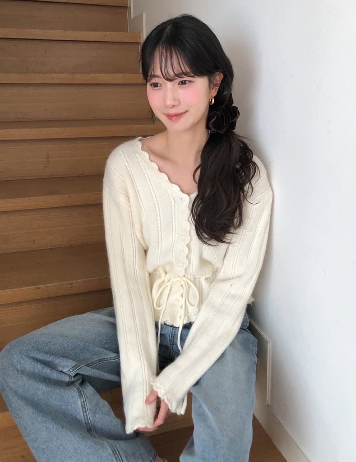 있음 선적 사이즈 업데이트 한국 chic 가을 새로운 ins 달콤함 V넥 허리 수축 레이스업 스웨터 이미지 3