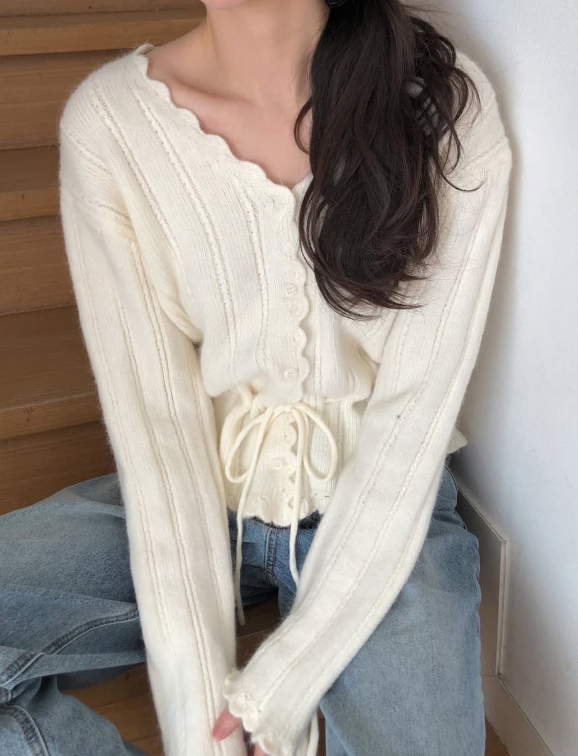있음 선적 사이즈 업데이트 한국 chic 가을 새로운 ins 달콤함 V넥 허리 수축 레이스업 스웨터 상세 이미지 4